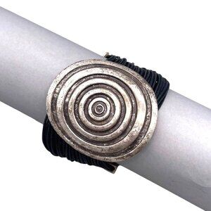 Multi Leather Cord Detailed Circle Disc Wide Chunky Bracelet Hook Closure